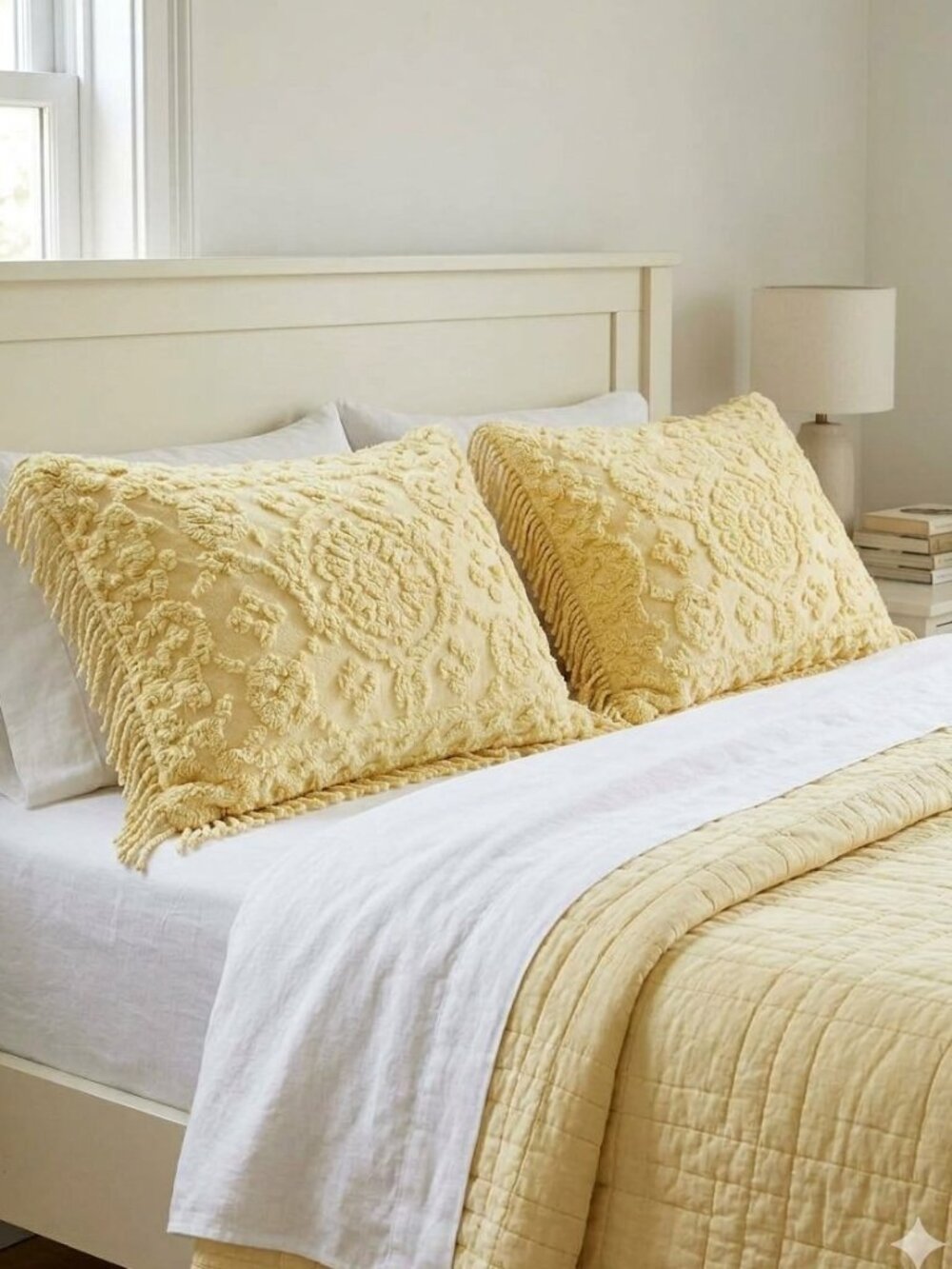 Collections Etc Set of 2 Yellow Chenille Fringe Medalion Pillow Shams